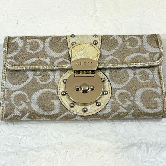 VTG Guess Canvas Logo Alligator Faux Print Snap Clutch Wallet 6.5"x3.5" - Picture 1 of 16